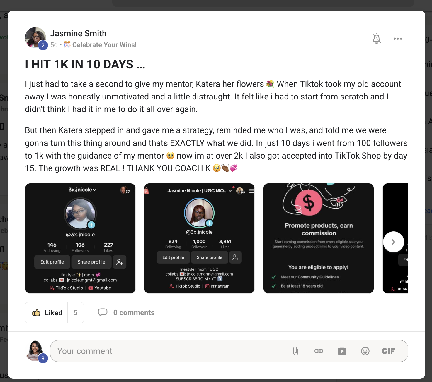 Jasmine's testimonial about reaching 1,000 TikTok followers in 10 days