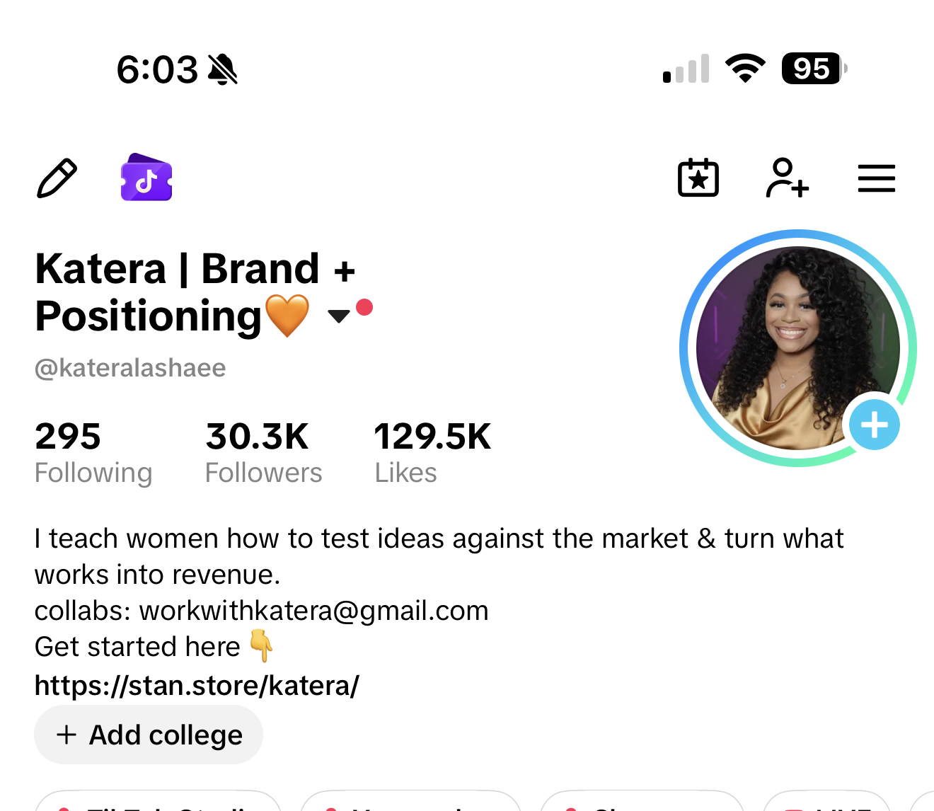 Katera's TikTok profile showing her name, photo, topic, bio, and link
